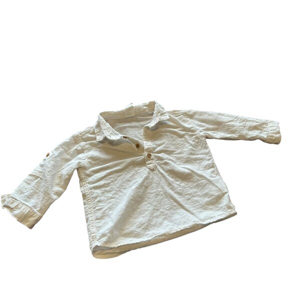 H&M Neutral 1/4 Button Front Tabbed Long Sleeves Linen/Cotton Blend Shirt 12M - Picture 1 of 3